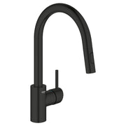 Matte black single-handle kitchen faucet with curved spout and pull-down spray head.