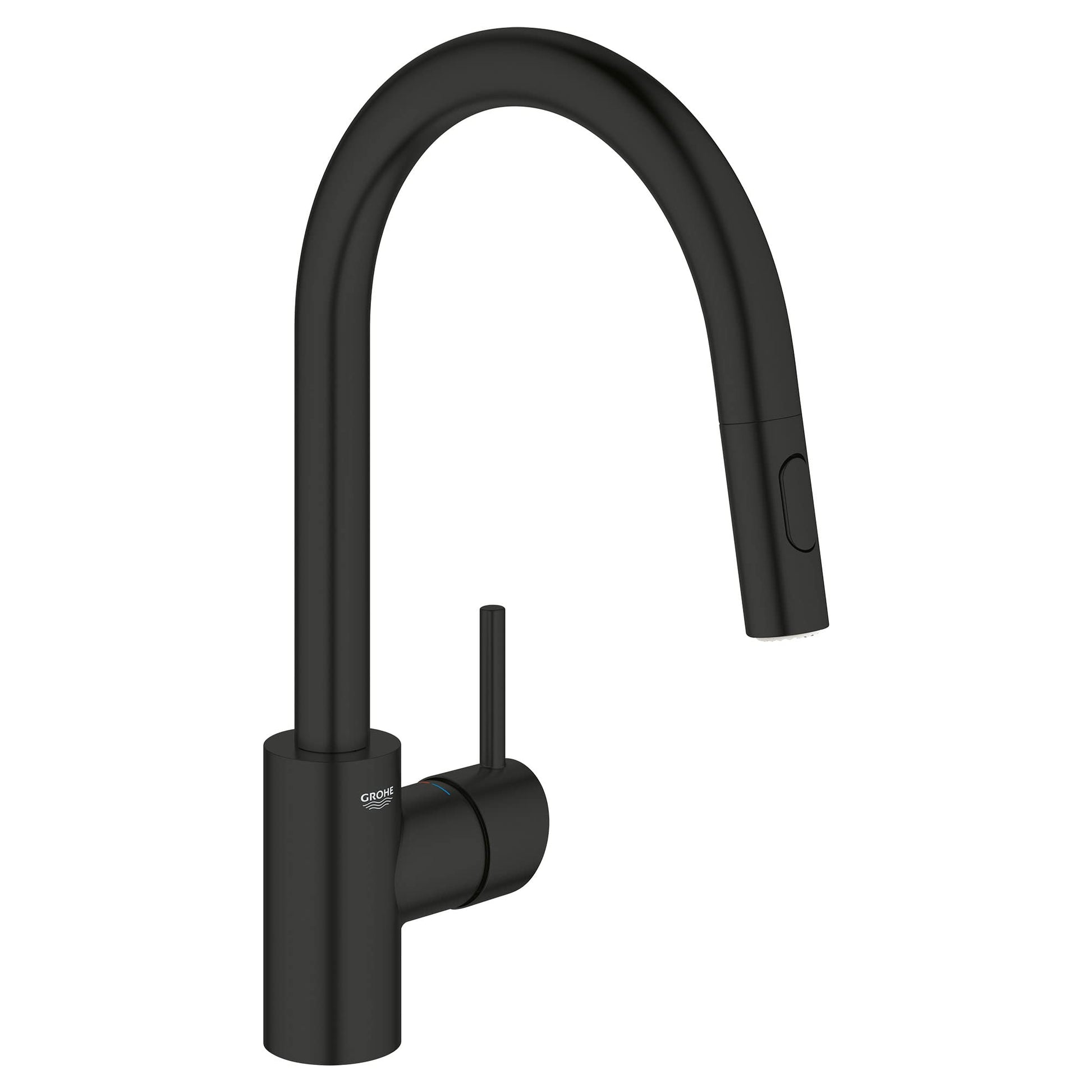 Matte black single-handle kitchen faucet with curved spout and pull-down spray head.