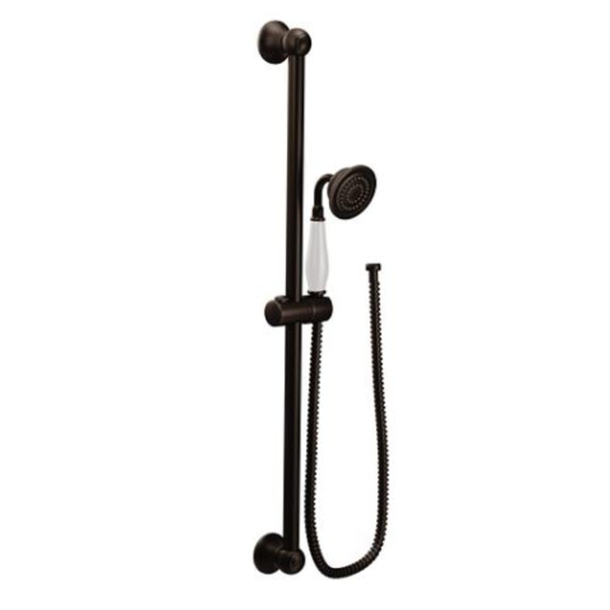 Matte black tub and shower faucet system with handheld showerhead, vertical slide bar, and hose.