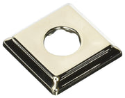 Square polished nickel shower flange with circular opening and beveled edges.