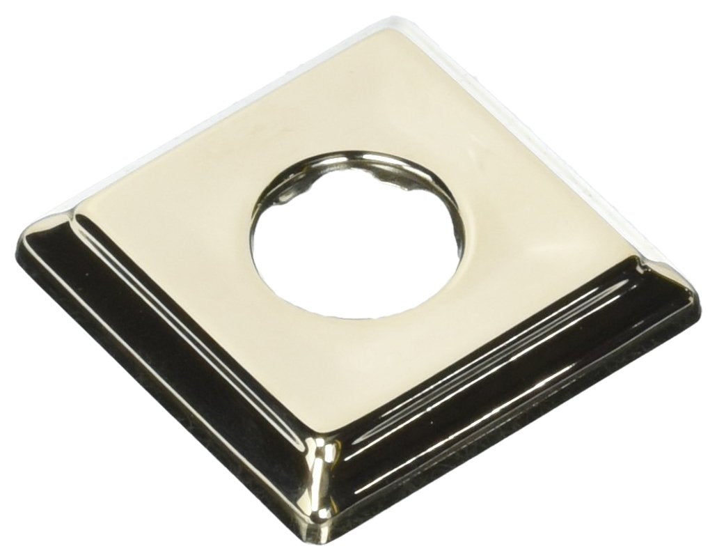 Square polished nickel shower flange with circular opening and beveled edges.