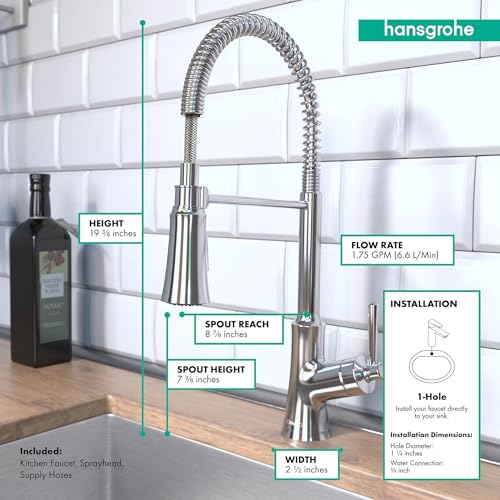 Chrome semi-pro kitchen faucet with coiled hose spray head and measurement callouts showing height, width, spout reach, and f