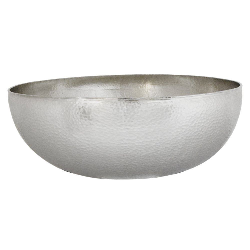 Round hammered copper vessel sink with textured surface and curved bowl shape.