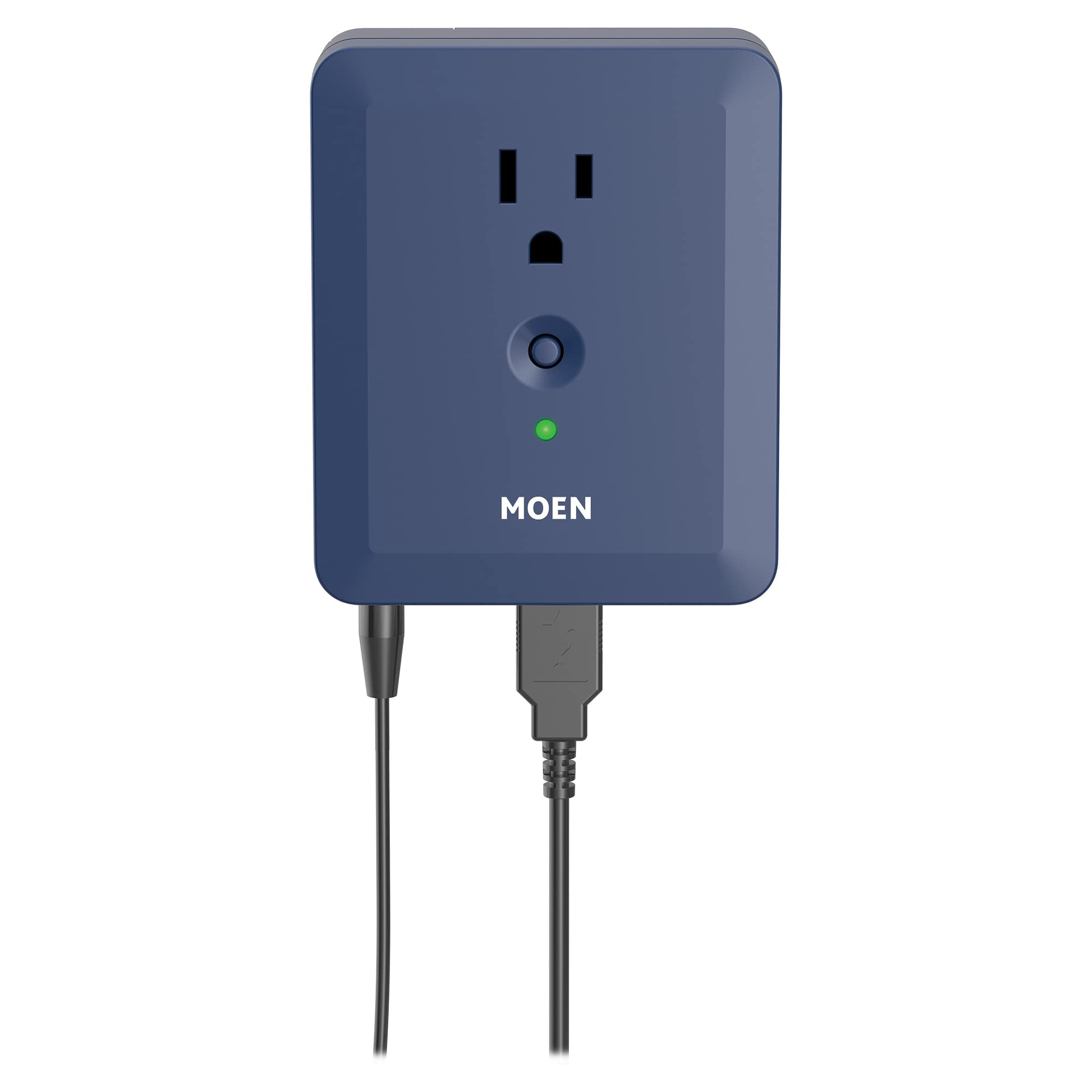 Blue Moen smart sump pump monitor with power outlet, control button, green indicator light, and two sensor probes.