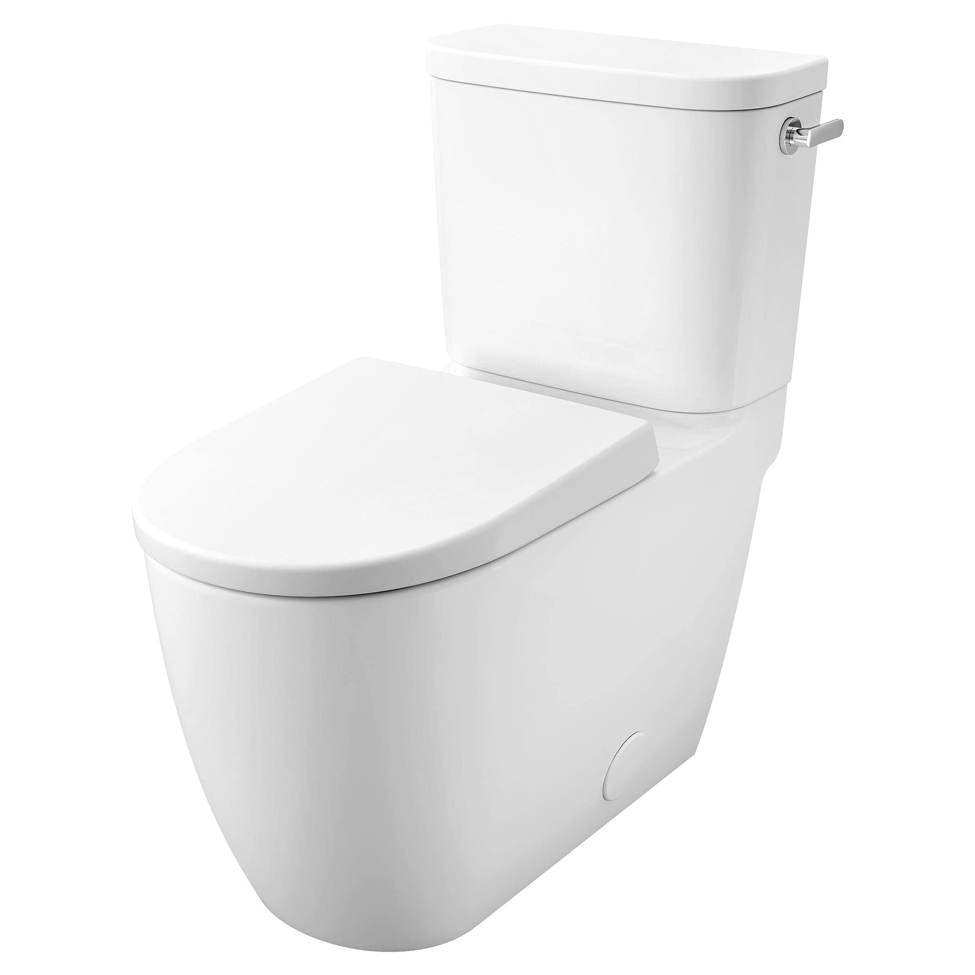 White two-piece elongated toilet with closed seat and tank featuring right-hand trip lever.