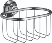 Chrome shower basket with curved rim and vertical wire grid design, wall-mounted with round backplate.