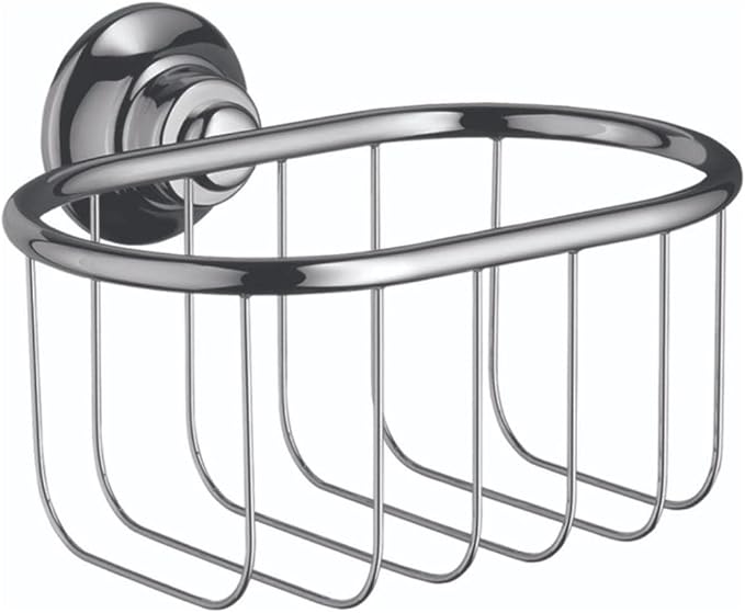 Chrome shower basket with curved rim and vertical wire grid design, wall-mounted with round backplate.