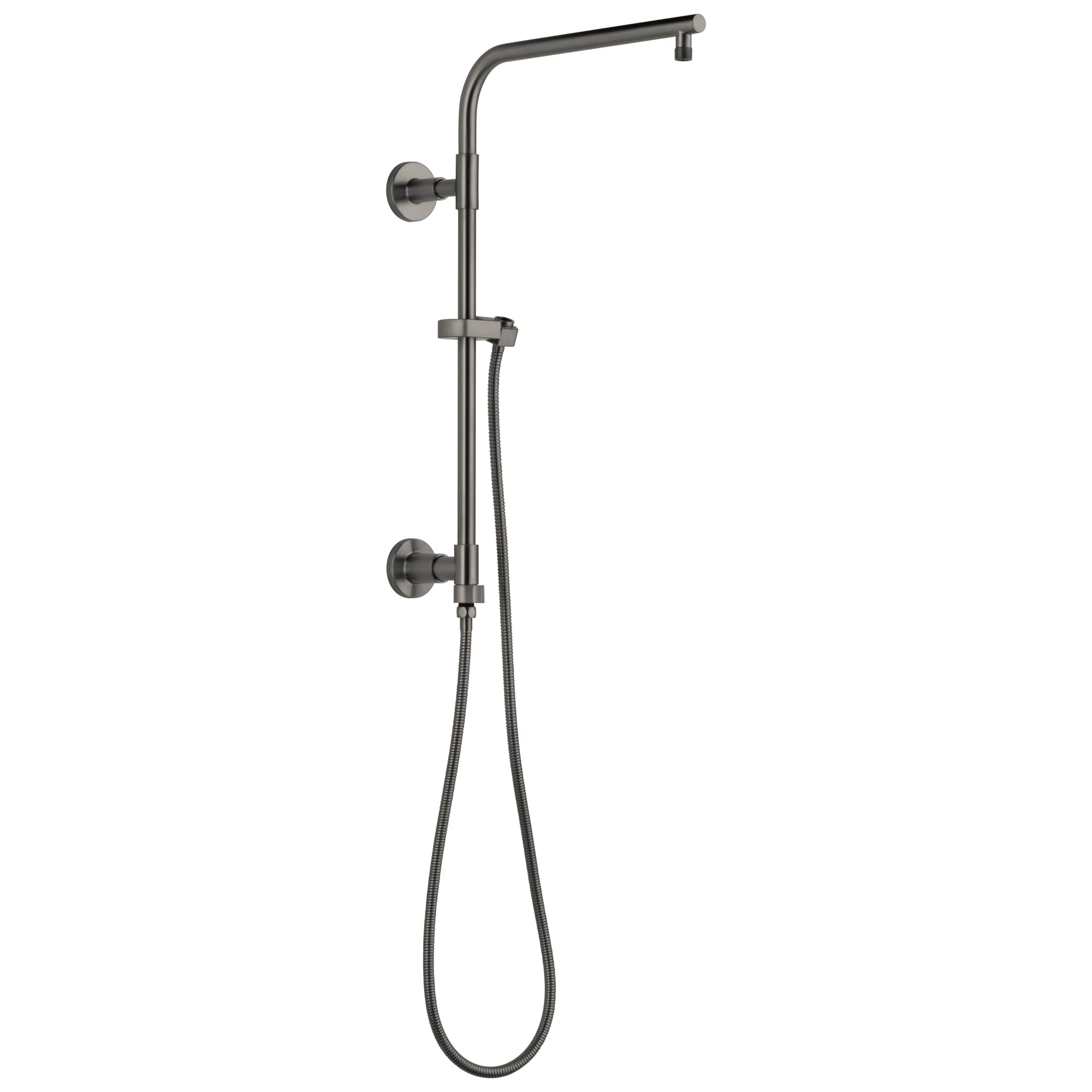 Chrome shower column with overhead rain showerhead, handheld spray wand, and wall-mounted controls.