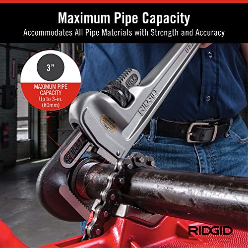 Silver aluminum pipe wrench with adjustable jaw gripping a dark metal pipe, held at an angle.