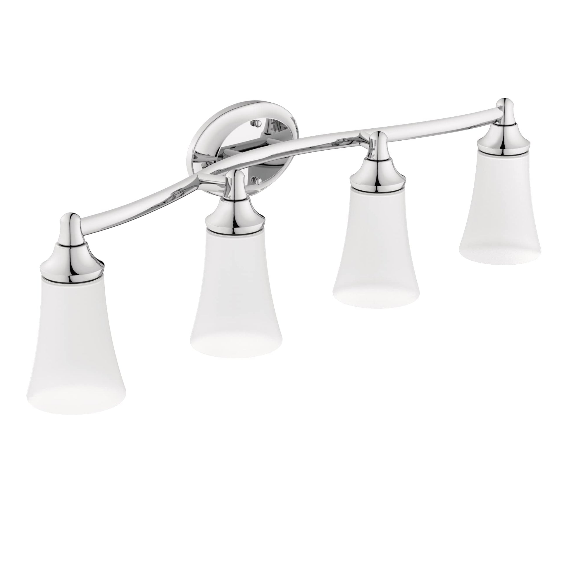 Four-light chrome vanity fixture with frosted white glass shades and curved arm, mounted to circular backplate.