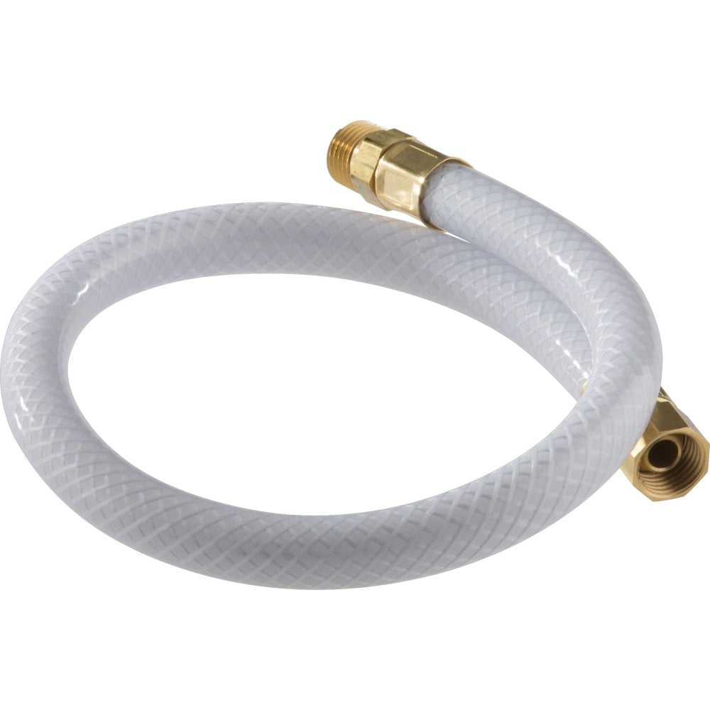Clear vinyl hose with brass fittings on both ends, coiled display.