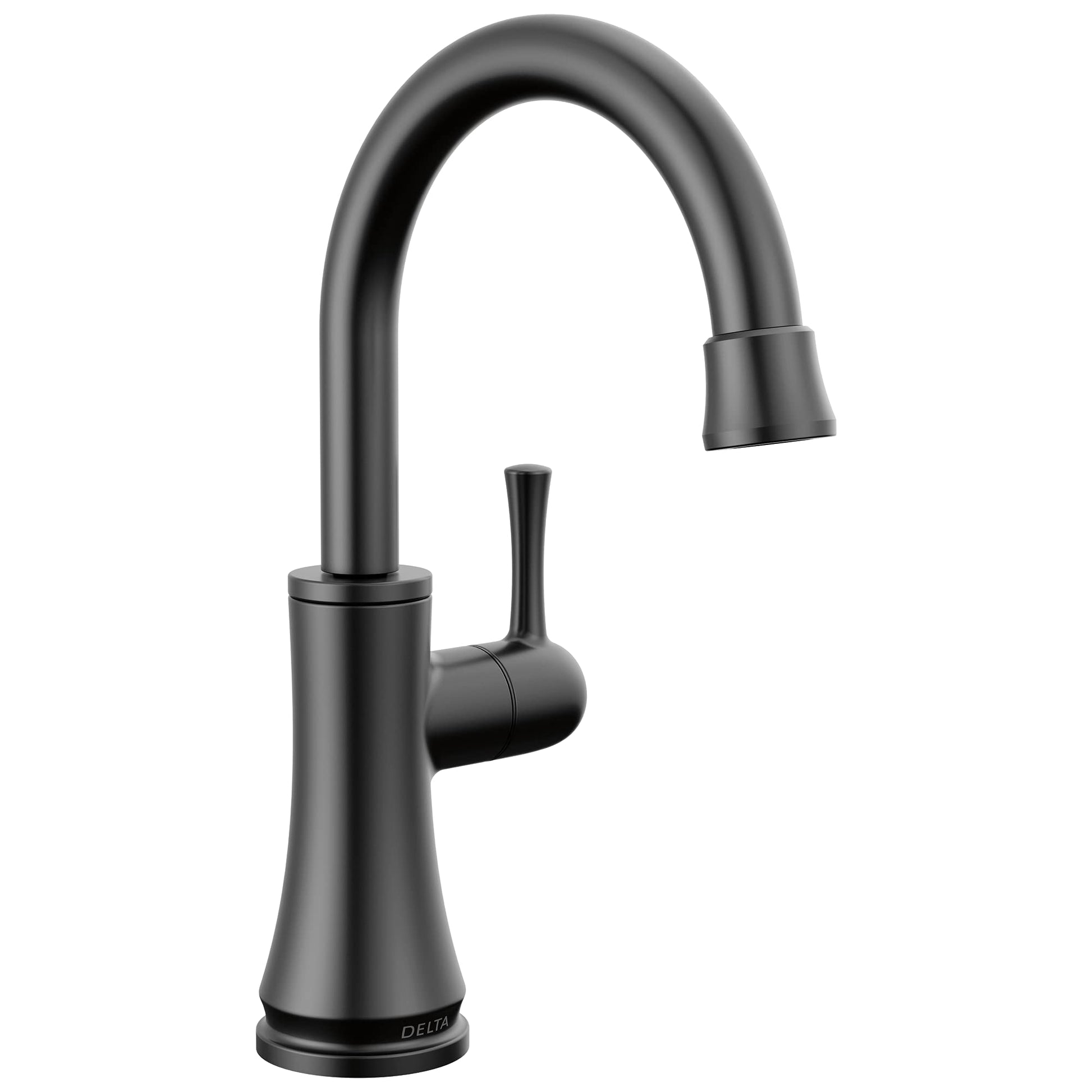 Matte black single-handle beverage faucet with curved spout and cylindrical base.