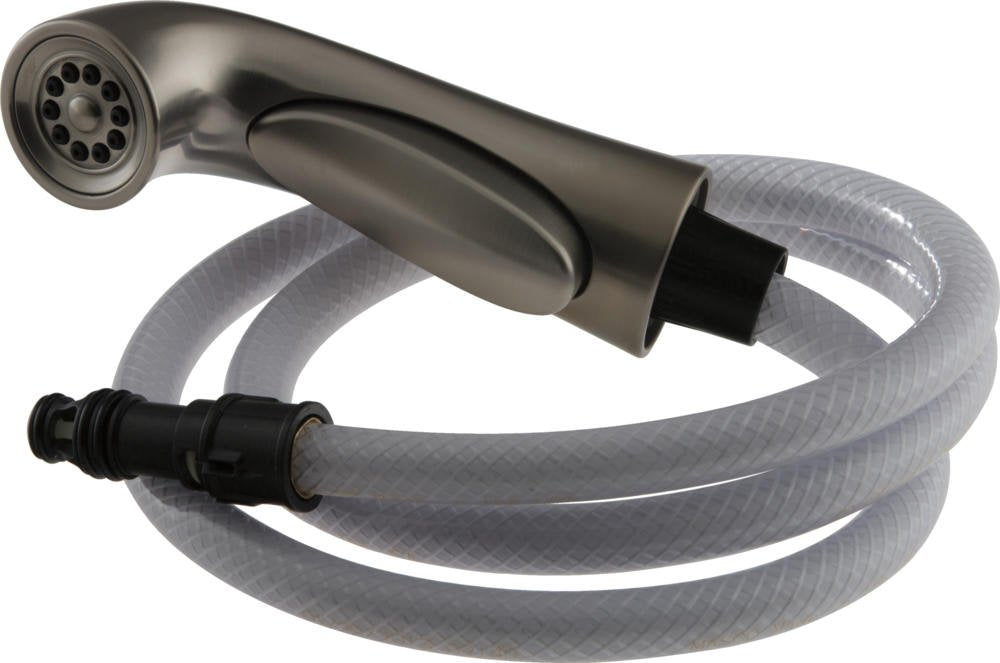 Stainless steel side spray head with flexible hose and black connector attachment.