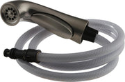 Stainless steel side spray head with flexible hose and black connector attachment.