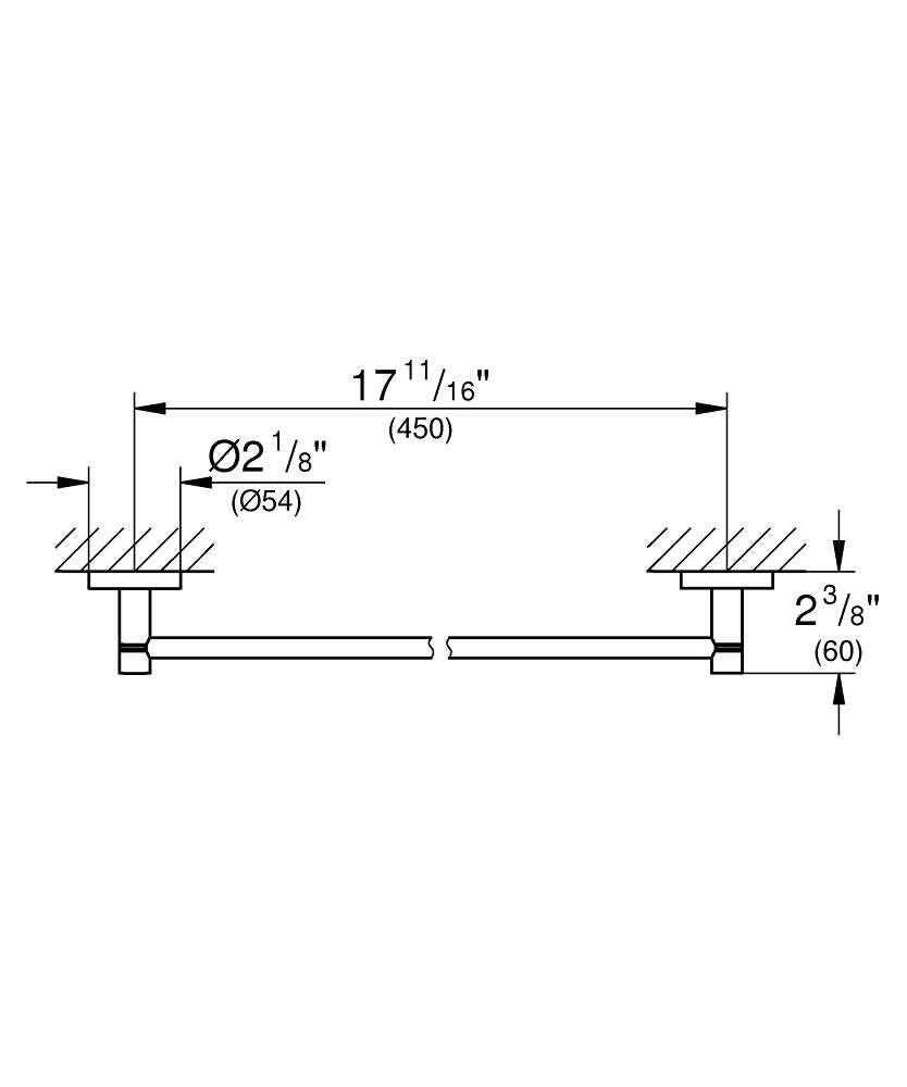 Brushed Cool Sunrise towel bar with wall-mounted brackets, 18 inches long with dimensional specifications shown.