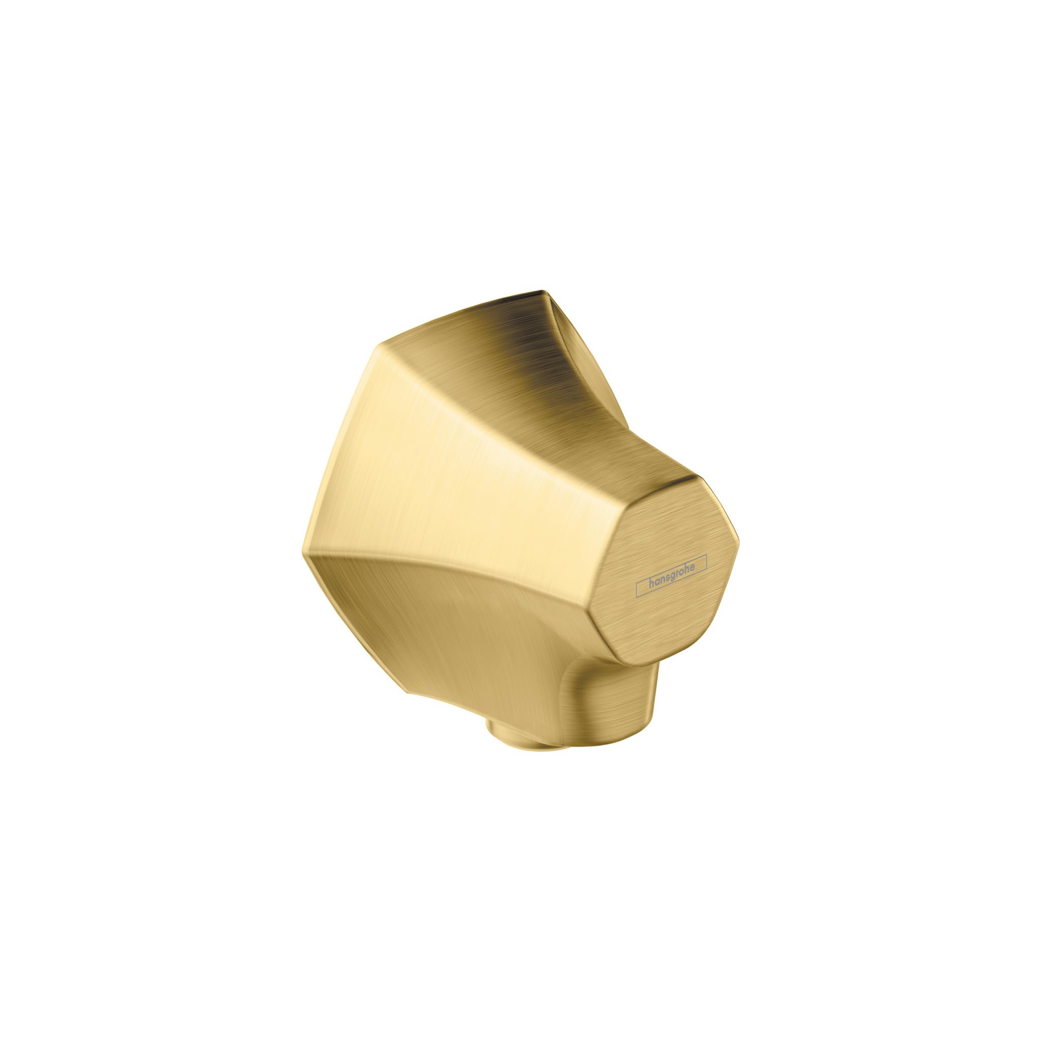 Brushed gold wall outlet with angular geometric design and cylindrical connector port.