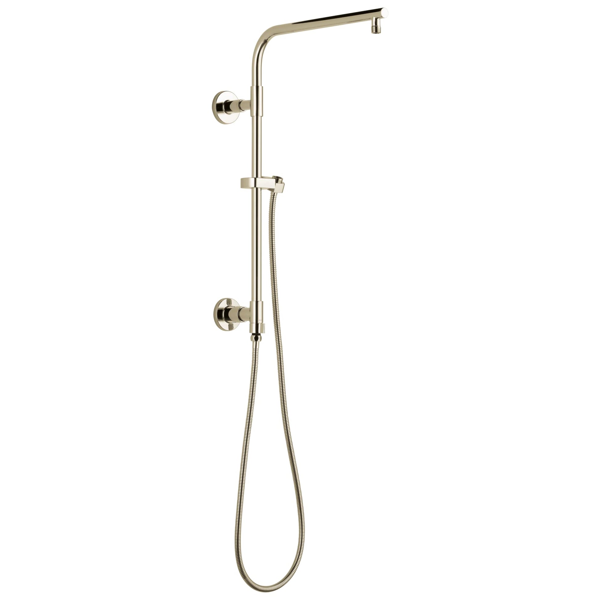 Polished nickel shower column with round showerhead, handheld wand, and wall-mounted controls.