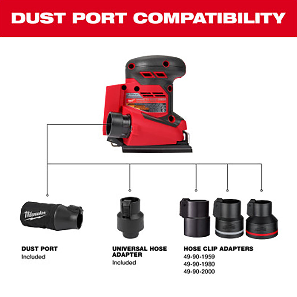 Red and black Milwaukee M18 orbital sander with dust port compatibility chart showing included accessories and hose clip adap