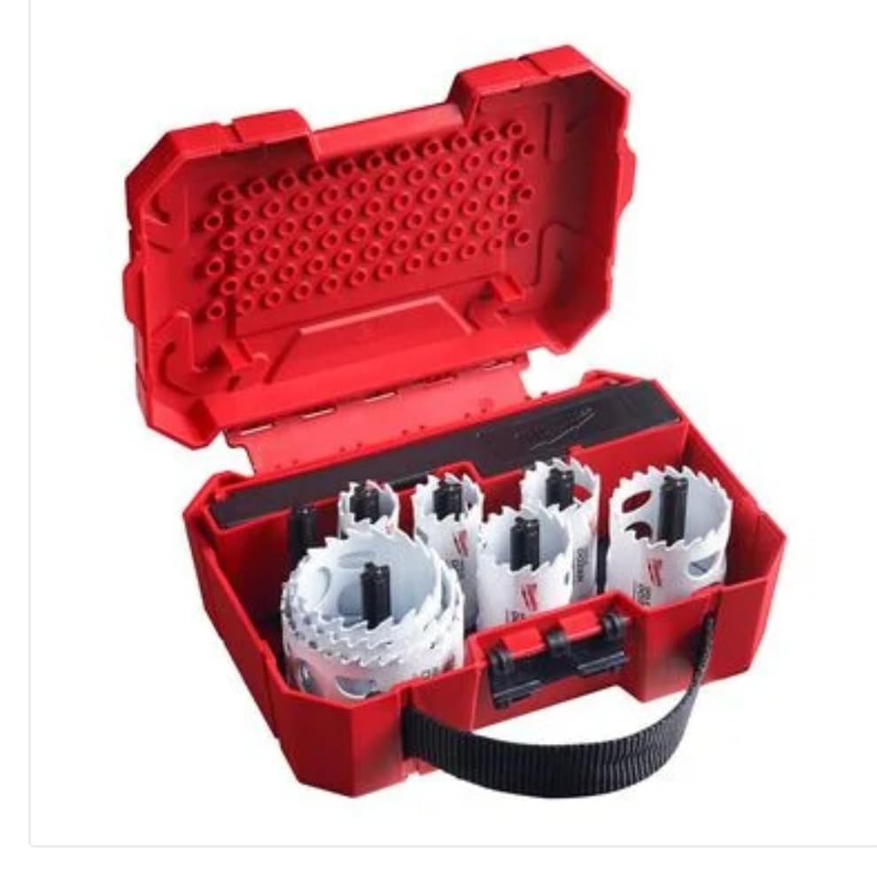 Red plastic case containing 12 white hole saws with black carbide teeth and black arbors, organized in compartments with carr