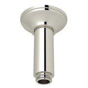 Polished nickel ceiling mount shower arm with round escutcheon plate and threaded outlet connection.