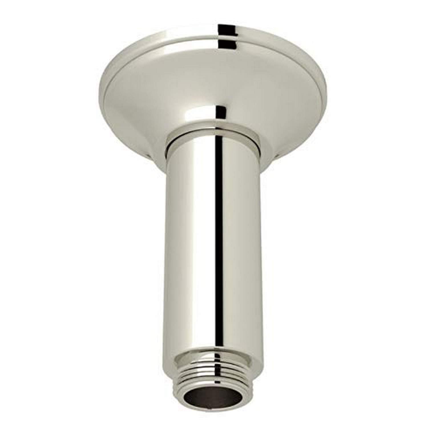 Polished nickel ceiling mount shower arm with round escutcheon plate and threaded outlet connection.