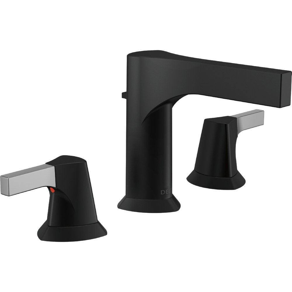 Black widespread bathroom faucet with two handles, arched spout, and metal lever handles on circular bases.