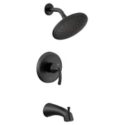 Matte black tub and shower trim kit with single lever handle, showerhead, and tub spout.
