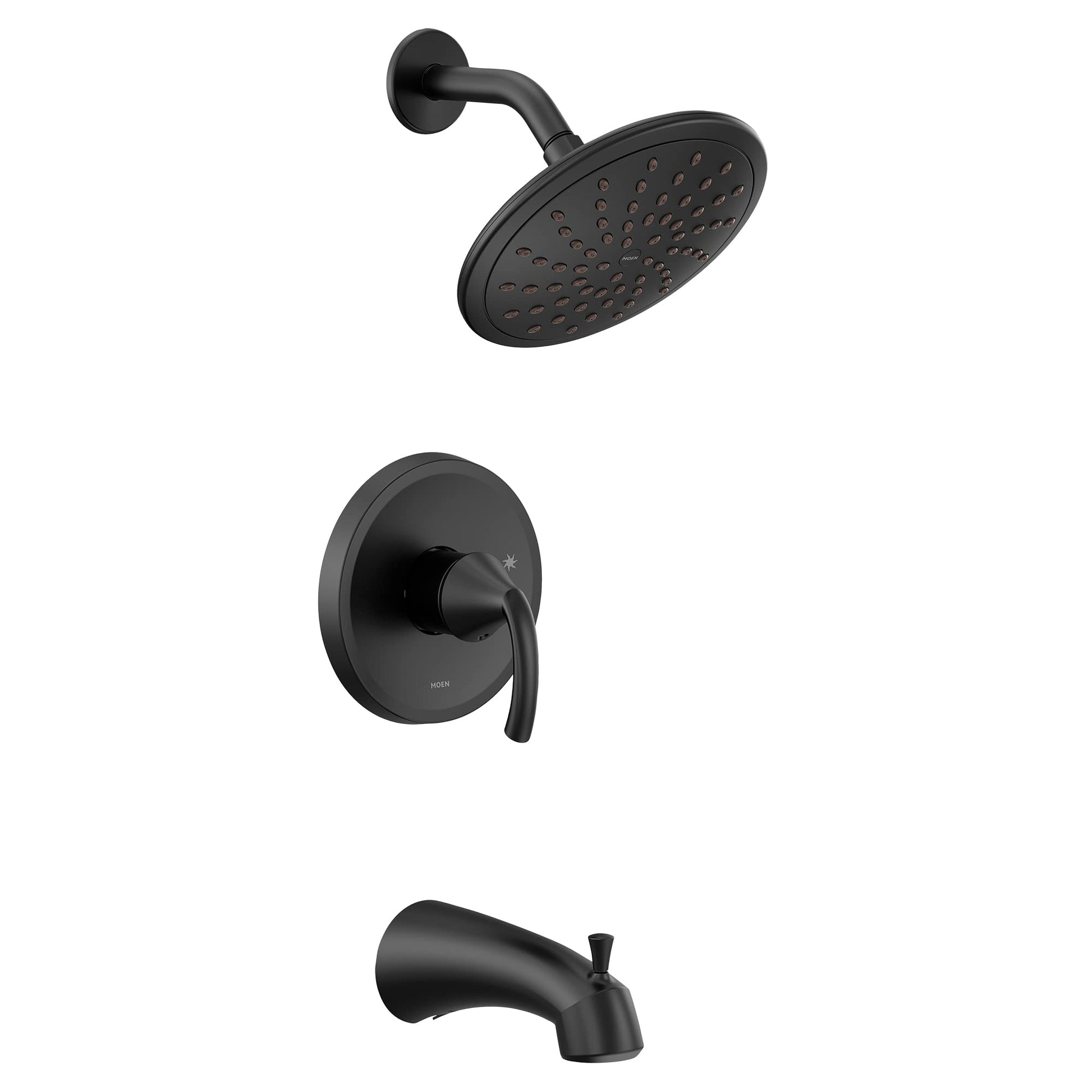 Matte black tub and shower trim kit with single lever handle, showerhead, and tub spout.