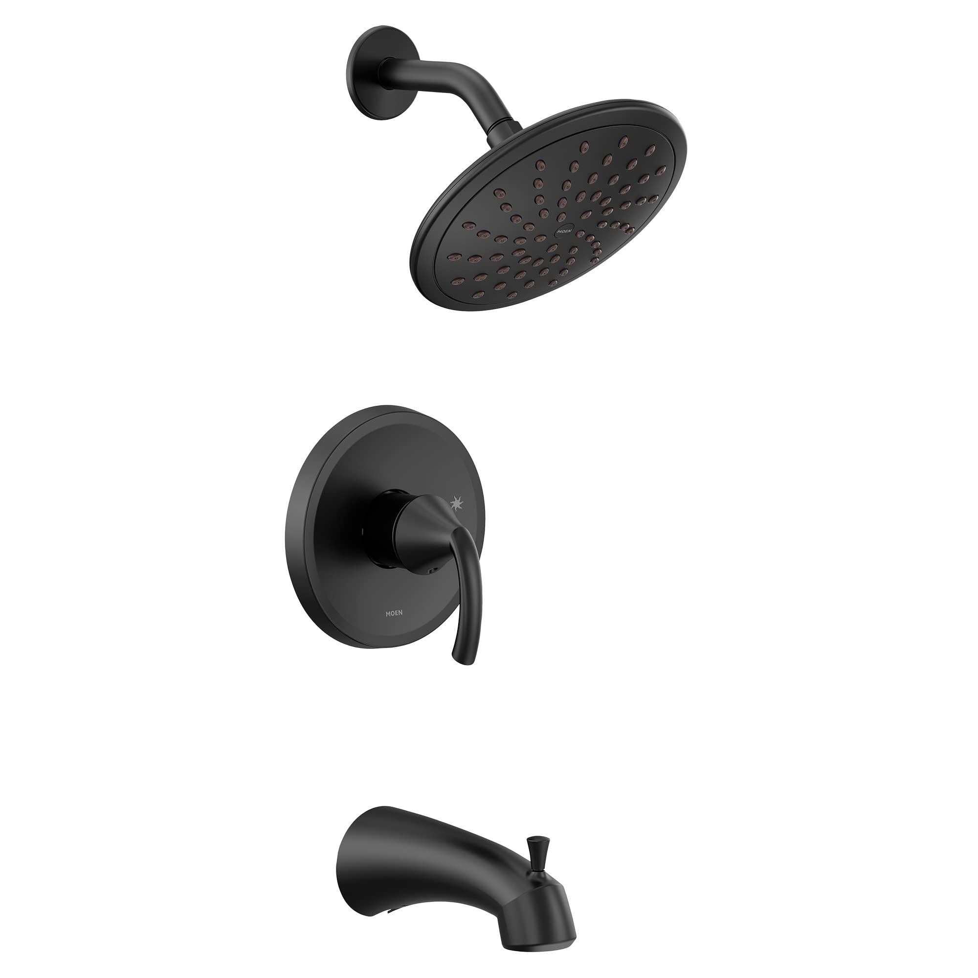 Matte black tub and shower trim kit with single lever handle, showerhead, and tub spout.