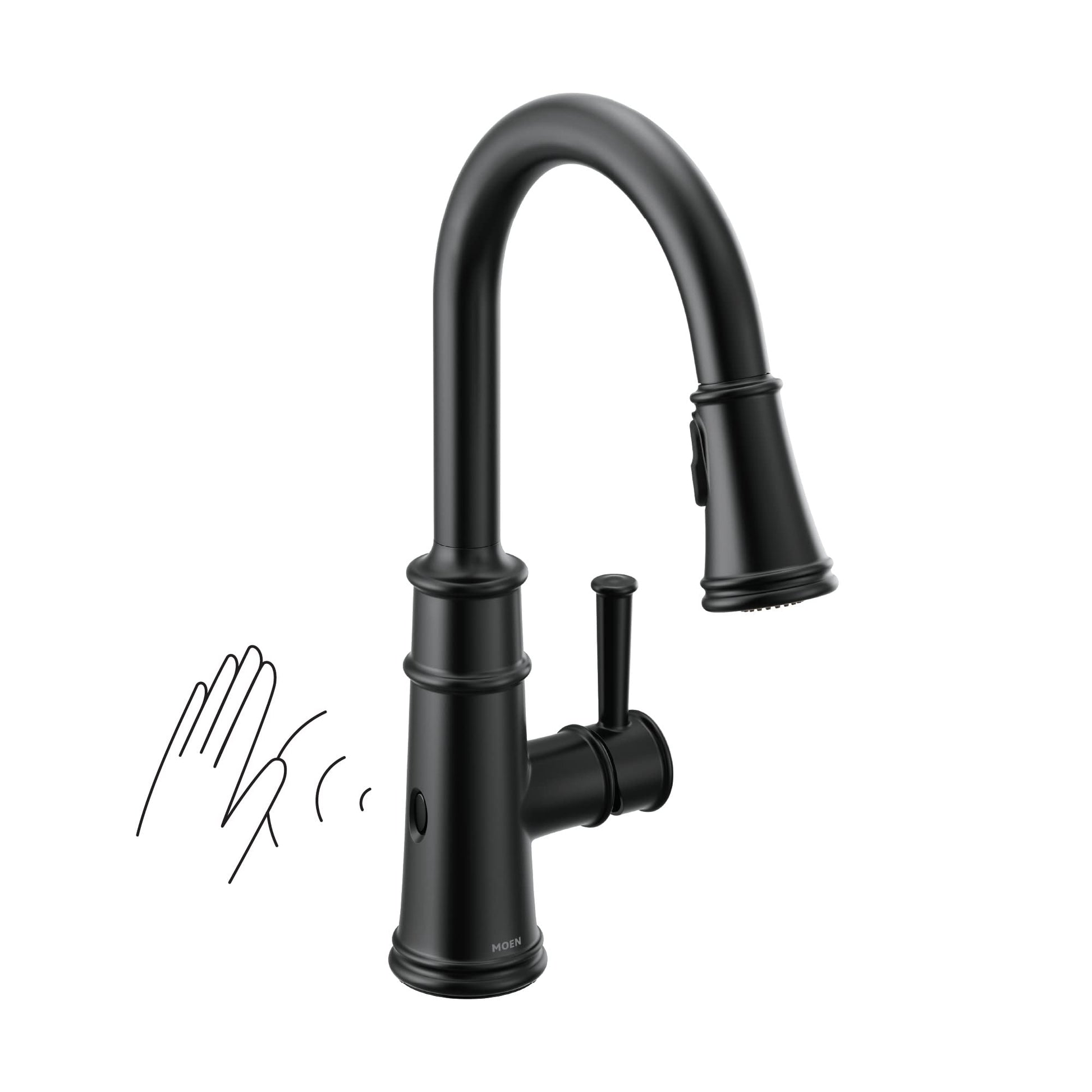 Matte black pulldown kitchen faucet with curved spout, single handle, and motion sensor activation shown with hand gesture.