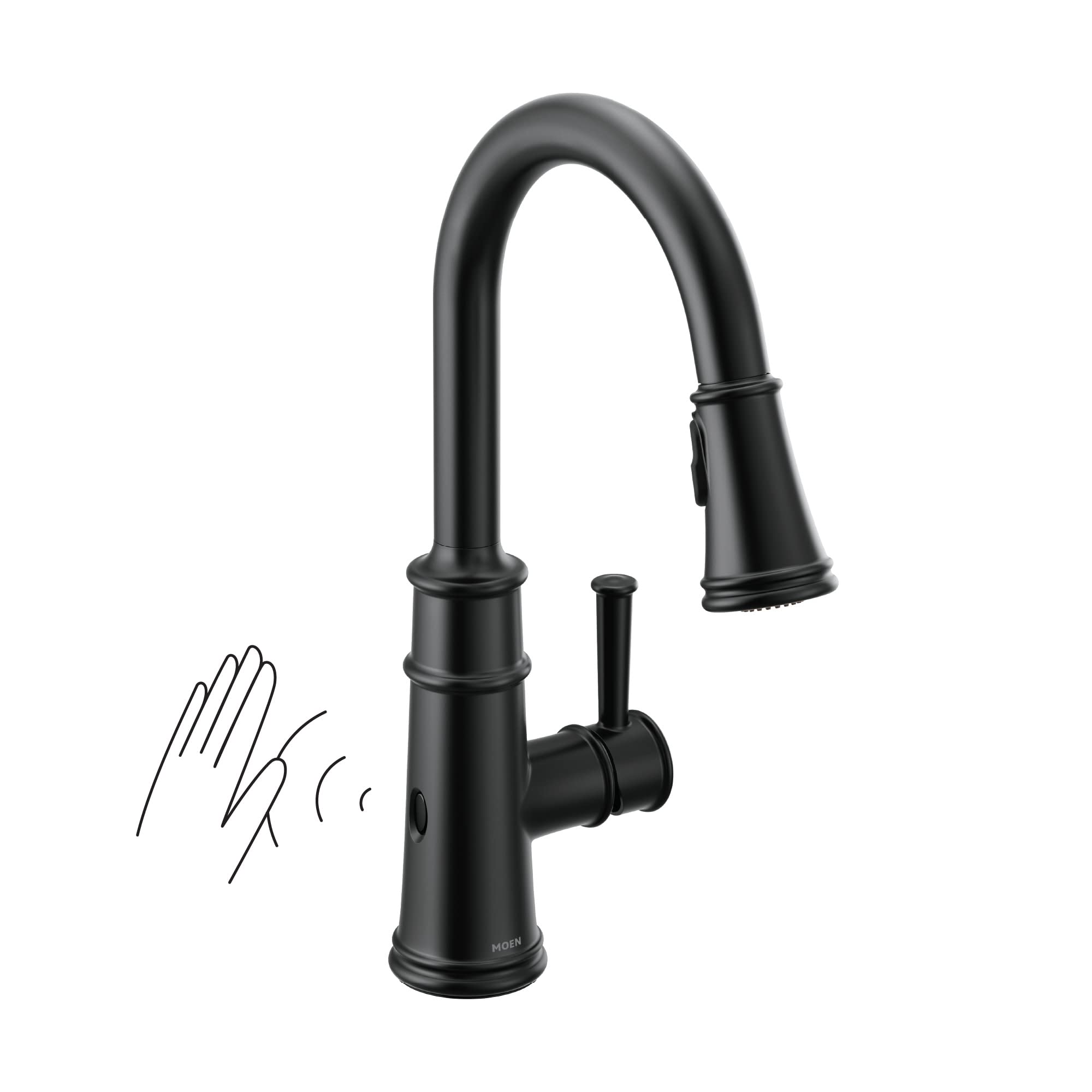 Matte black pulldown kitchen faucet with curved spout, single handle, and motion sensor activation shown with hand gesture.