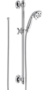 Chrome shower system with adjustable slide bar, hand shower head, wall mounts, and flexible hose.