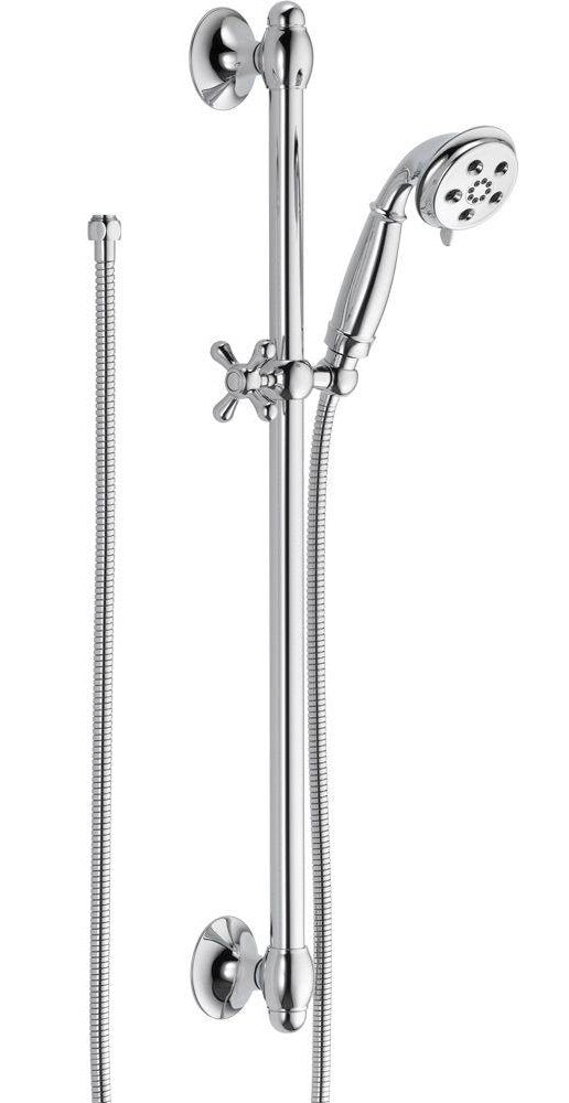 Chrome shower system with adjustable slide bar, hand shower head, wall mounts, and flexible hose.