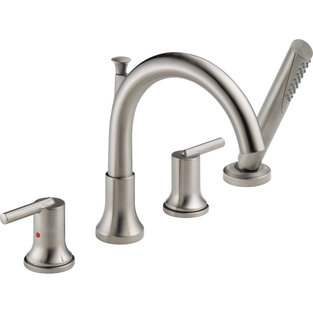 Brushed nickel Roman tub trim with high curved spout, two lever handles, and detachable hand shower with hose.