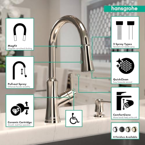 Polished nickel high arc kitchen faucet with pull-down spray head and single handle lever.