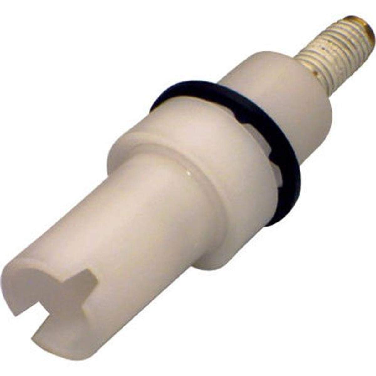 White plastic diverter assembly with brass threaded stem and black rubber seal ring.