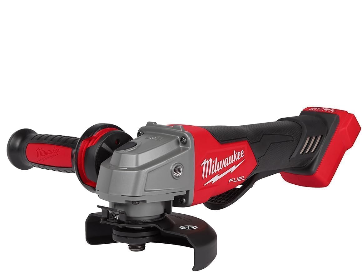 Milwaukee M18 FUEL braking grinder with red and black body, gray head, and paddle switch trigger.