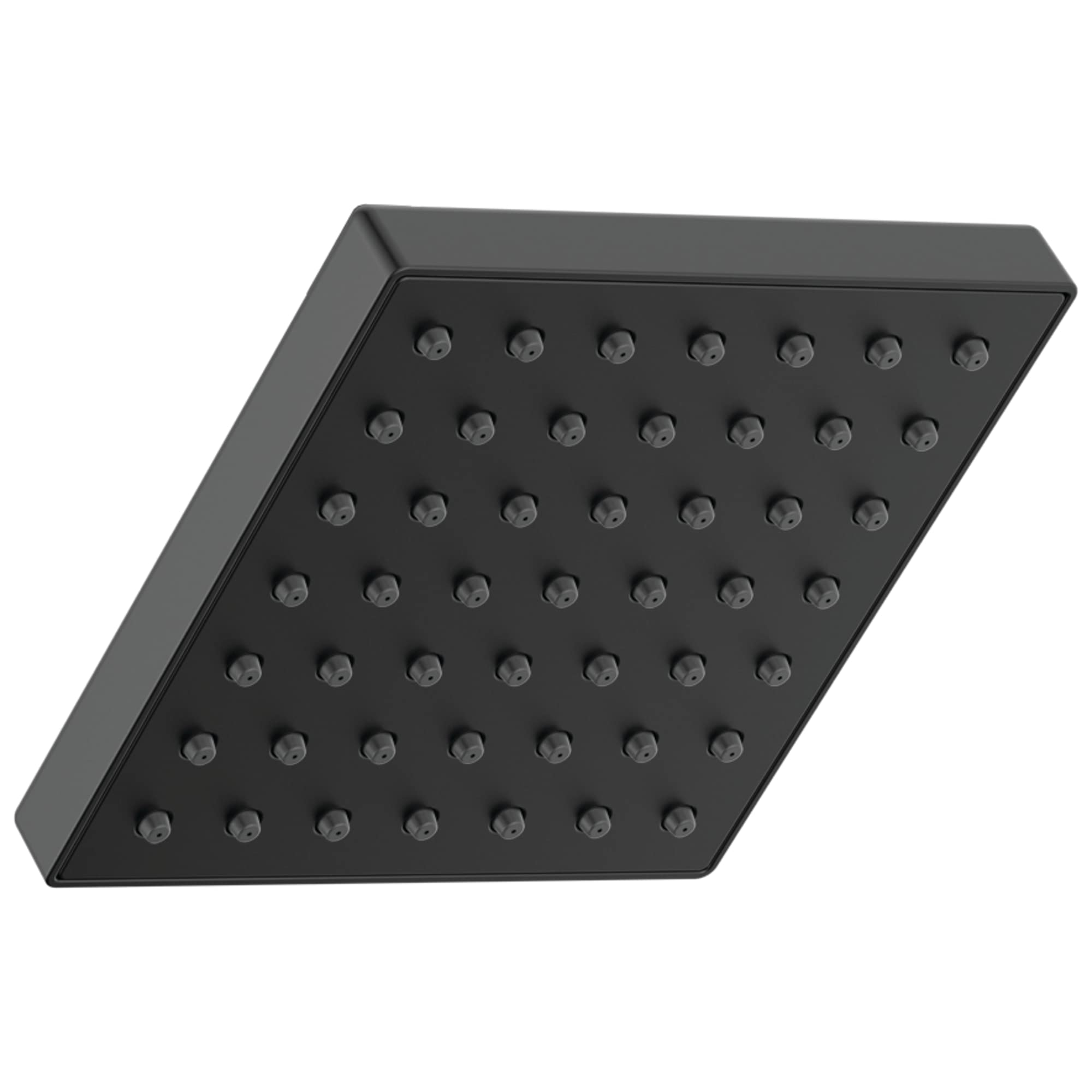 Square matte black shower head with multiple spray jets arranged in rows.
