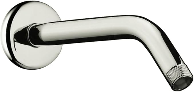 Polished nickel shower arm with circular wall plate and angled outlet, 9 inches long.