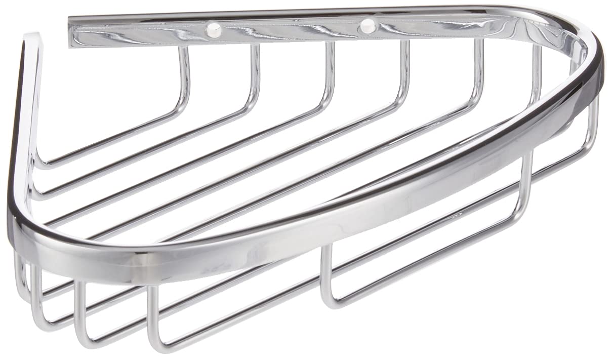 Chrome corner wire basket with curved design and vertical wire dividers for bathroom storage.
