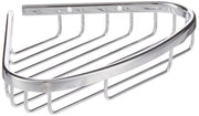 Chrome corner wire basket with curved design and vertical wire dividers for bathroom storage.