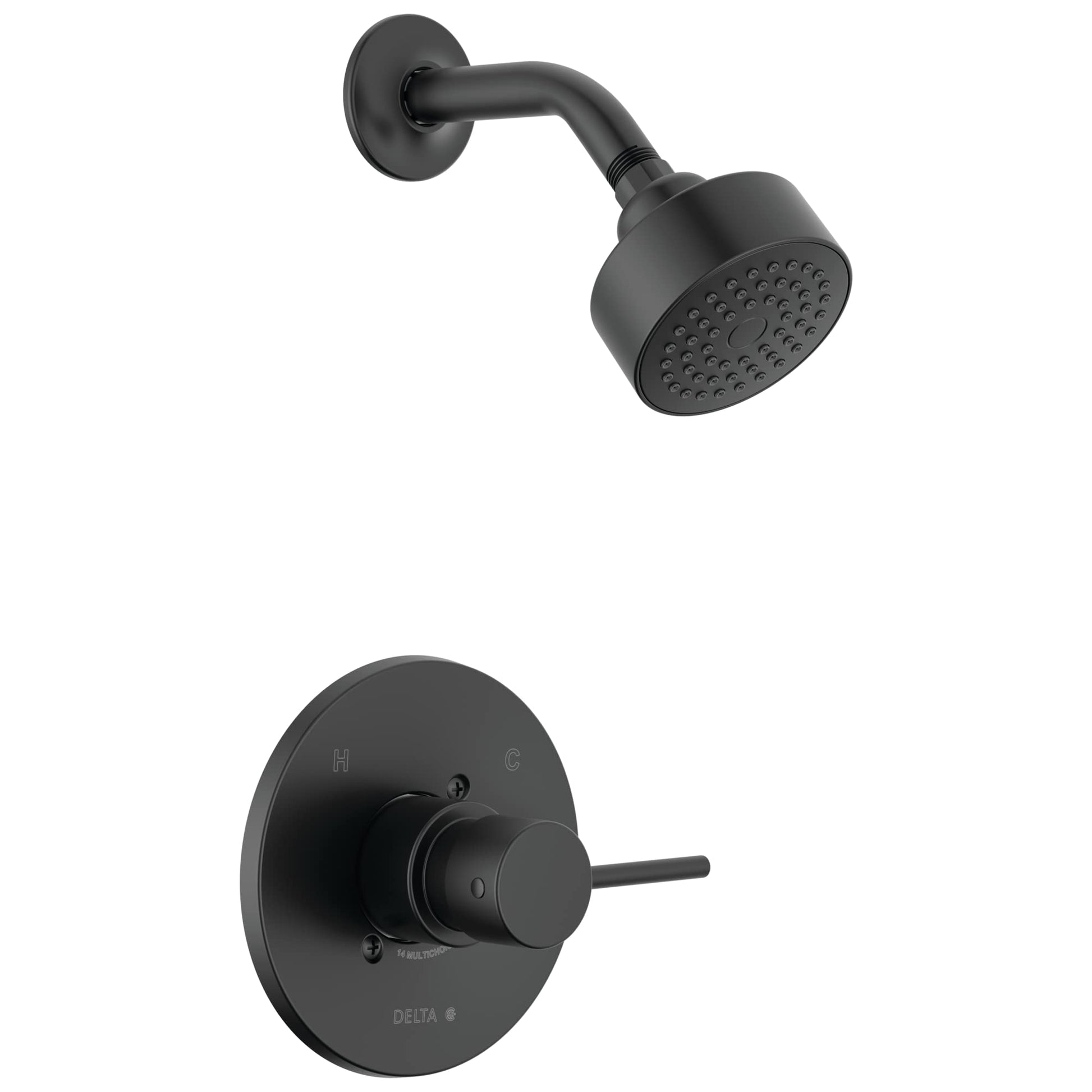 Matte black shower trim with round showerhead and perforated spray pattern, paired with circular valve trim plate and lever h