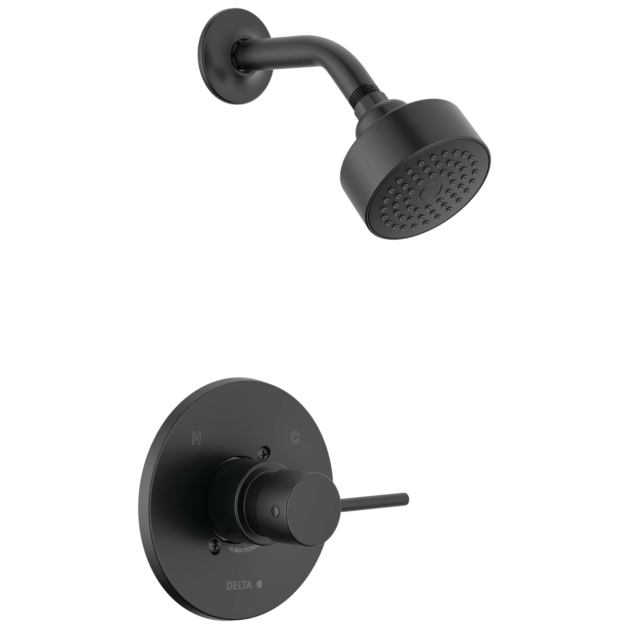 Matte black shower trim with round showerhead and perforated spray pattern, paired with circular valve trim plate and lever h