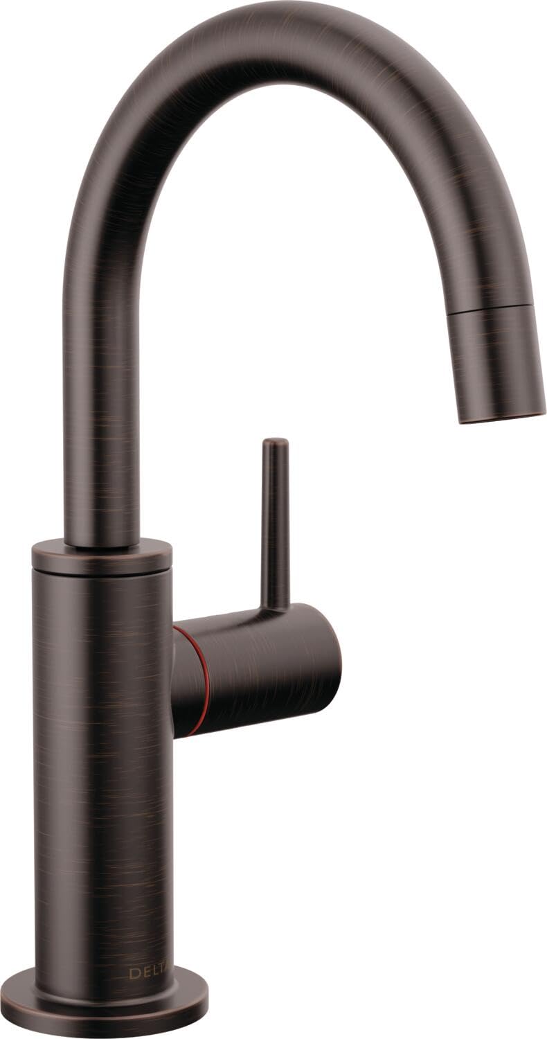 Brushed black round instant hot water dispenser with curved spout and side lever handle.