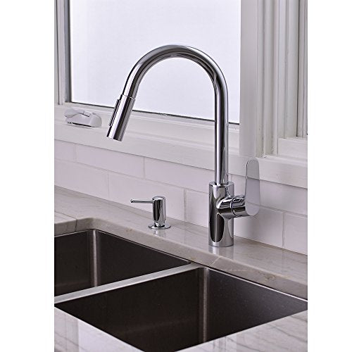 Chrome pull-down kitchen faucet with curved spout and spray handle mounted above stainless steel sink.