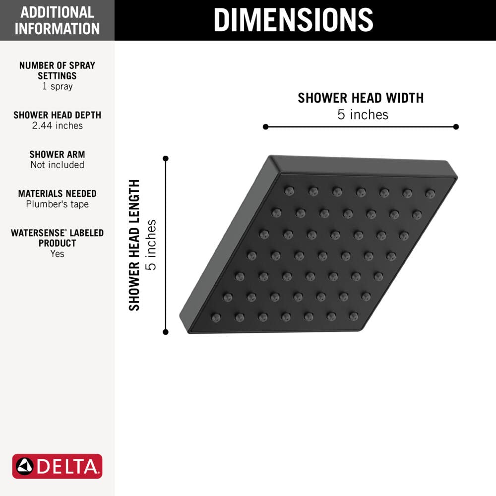 Square matte black shower head, 5 inches wide, with multiple spray nozzles and 2.44-inch depth.
