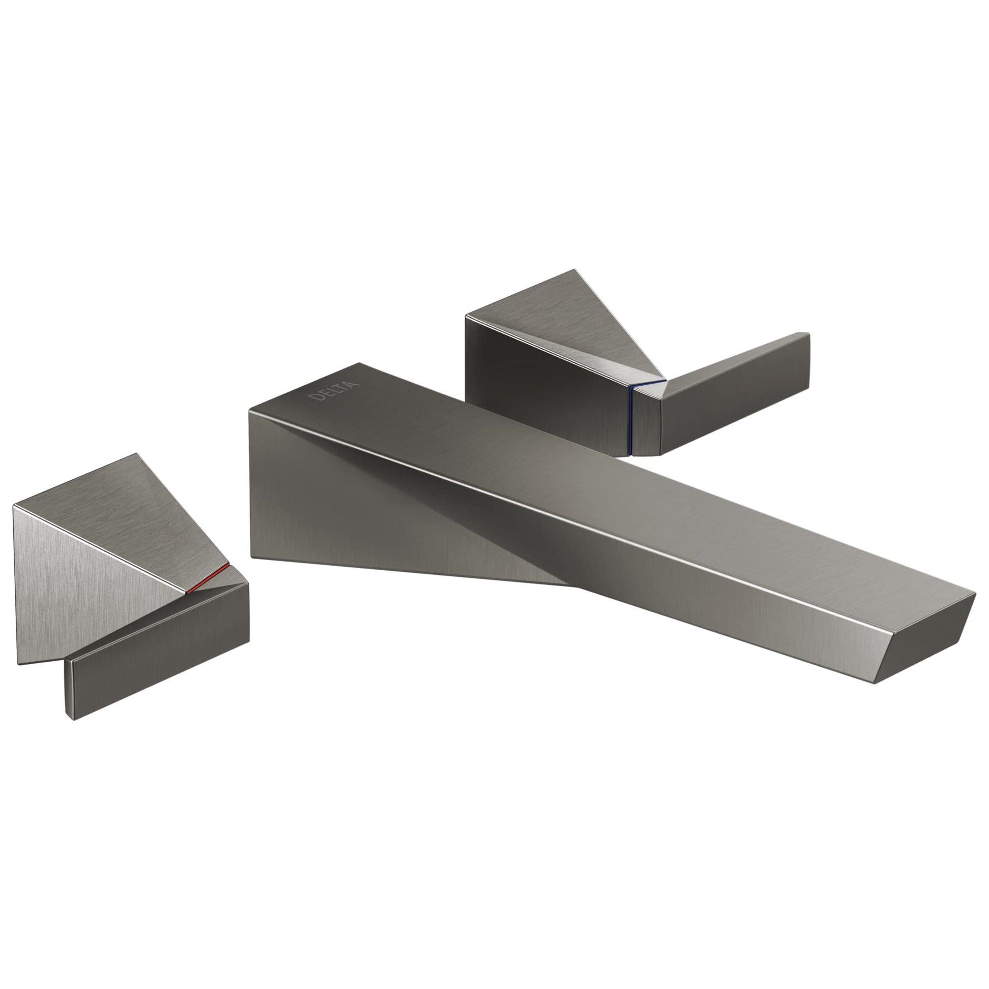 Chrome wall-mounted faucet trim with two lever handles and angled spout in brushed finish.