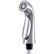 Stainless steel side spray with ergonomic handle and circular spray head, attached to flexible hose.