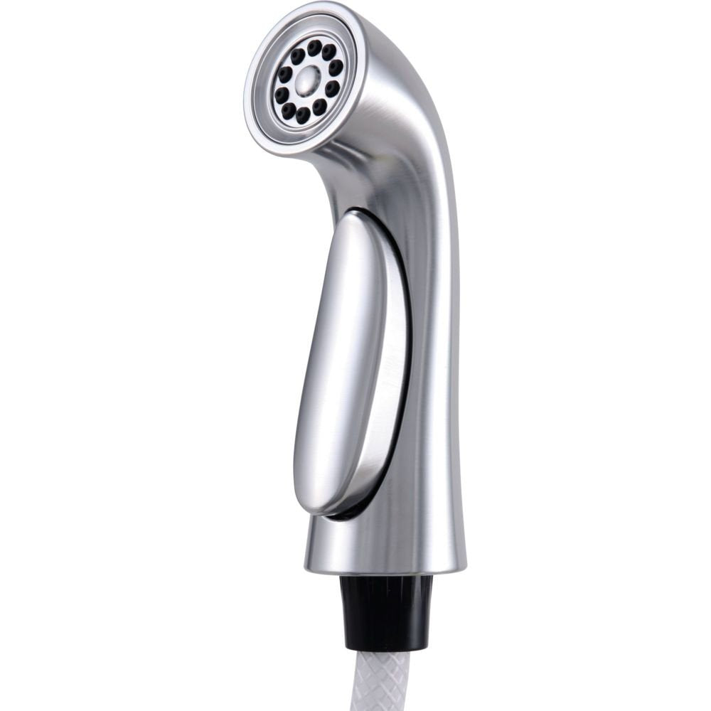 Stainless steel side spray with ergonomic handle and circular spray head, attached to flexible hose.