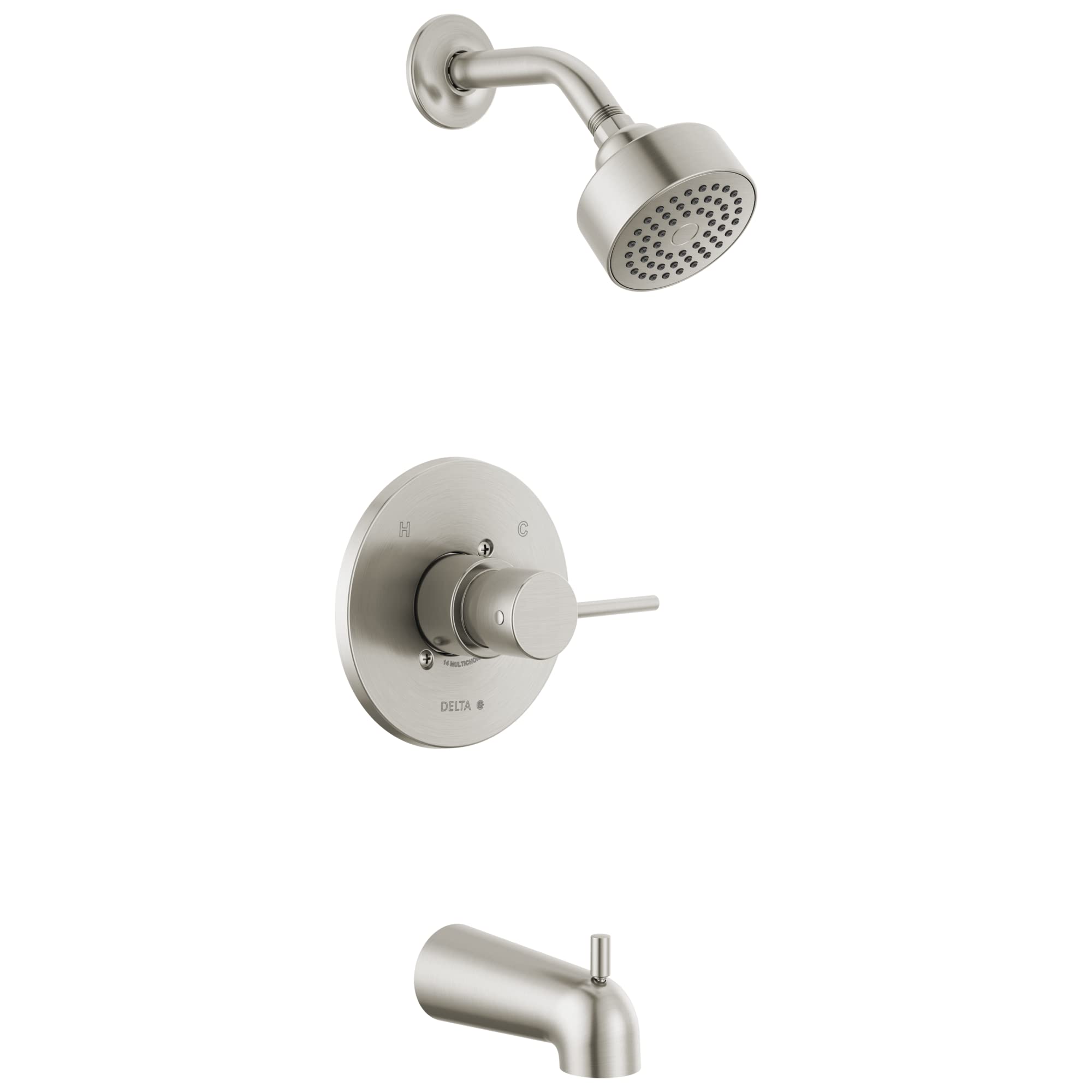 Brushed nickel tub and shower trim with round showerhead, valve trim plate with lever handle, and tub spout.